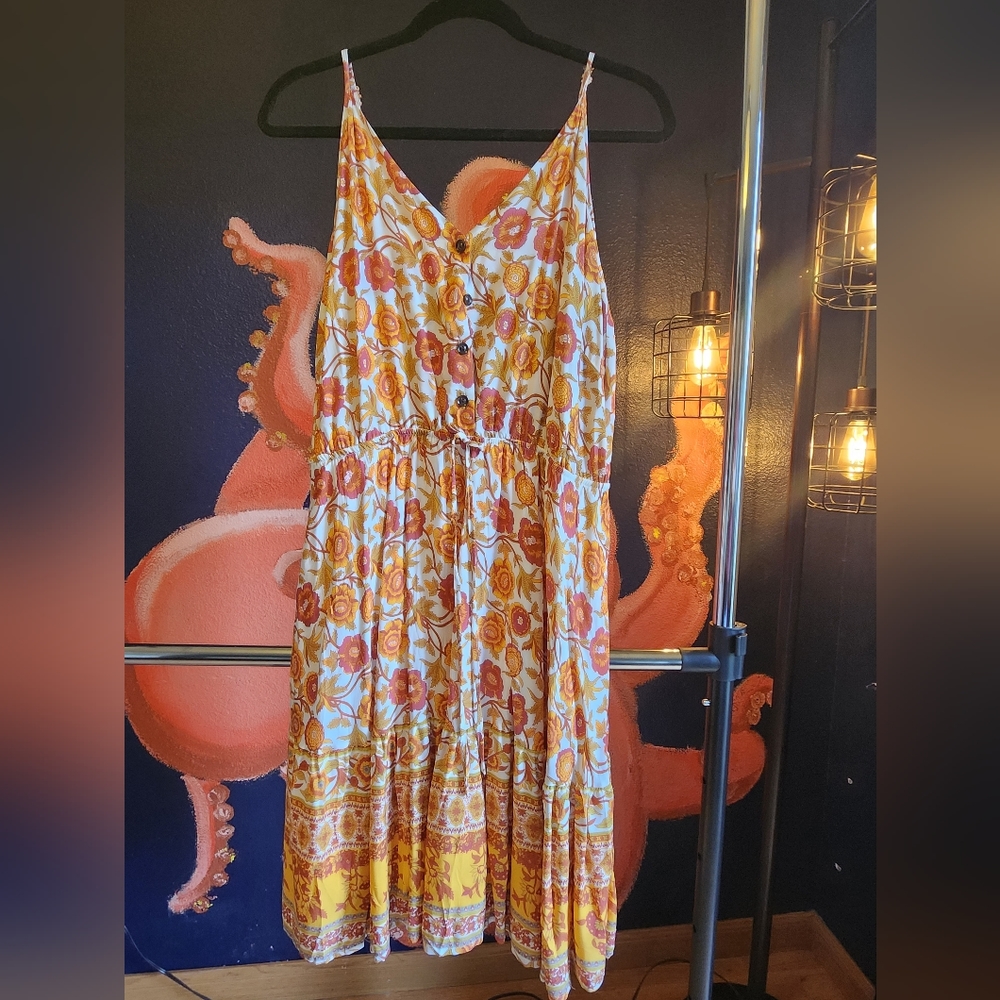 V-neck, gold/orange/red summer dress, XL, Pretty Garden brand